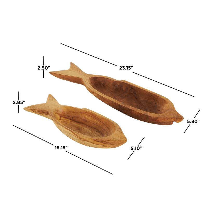 Brown Teak Wood Handmade Carved Fish Living Room Decor Tray (Set of 2)