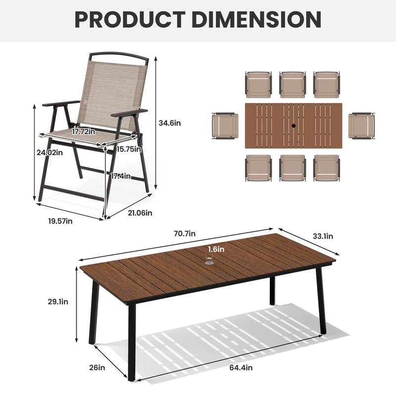 9-Piece Outdoor Dining Set Patio Dining Table with Umbrella Hole and Folding Chairs
