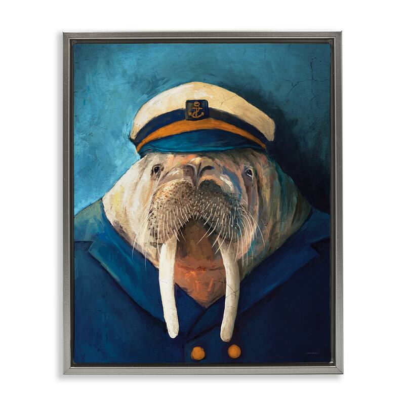 Stupell Sailor Captain Walrus Framed Floater Canvas Wall Art Design By Kamdon Kreations - 17 x 21 - Grey