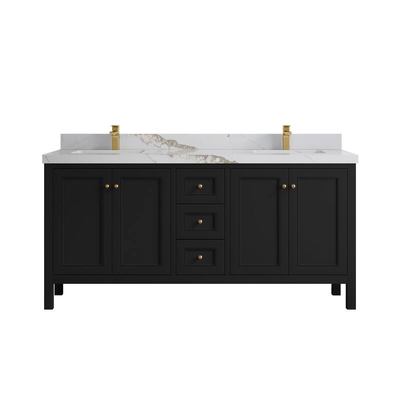 Willow Collections 72 in. W x 22 in. D Nashville Double Bowl Sink Bathroom Vanity with Countertop - 2”Calacatta Gold - Black