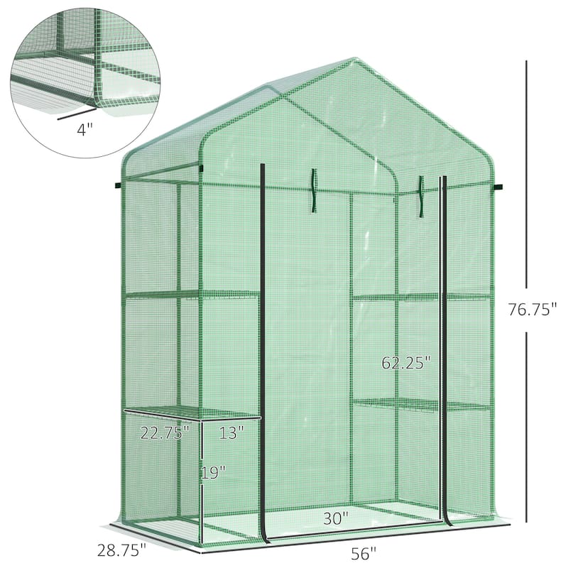 Outsunny 56" x 29" x 77" Mini Walk-in Greenhouse Kit, Portable Green House with 4 Shelves, Roll-Up Door