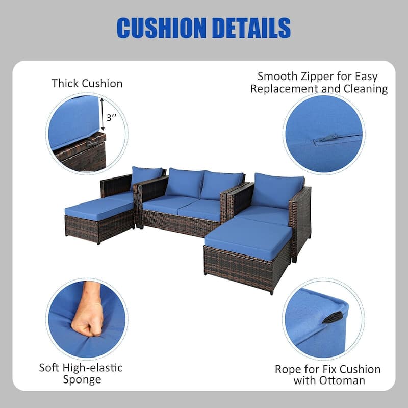 5 Pieces Patio Cushioned Rattan Furniture Set - 50" x 30.5" x 29" (L x W x H)
