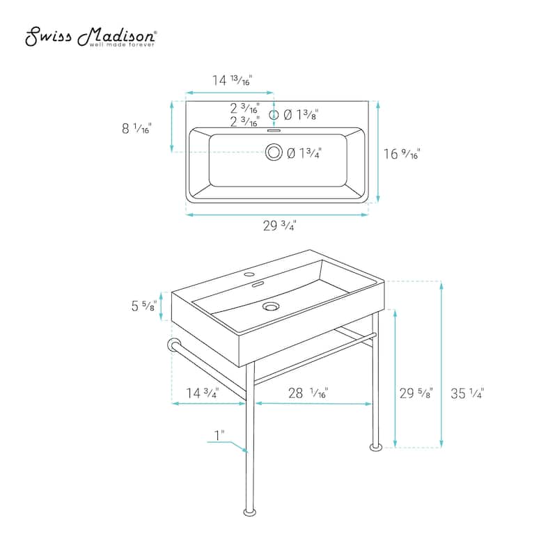 Reims 30" White Basin Matte White Legs - 29.75" x 16.55" 35.25"