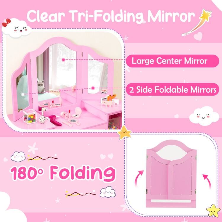 Kids Vanity Table and Chair Set with Removable Tri-Folding Mirror - 41" x 16" x 46"