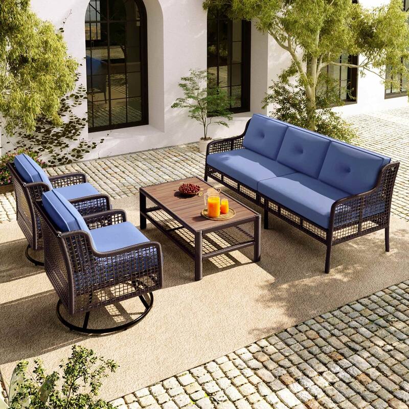 4-Piece Wicker Sectional Patio Set with 2 Swivel Chairs For 5