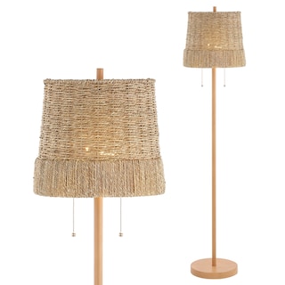 Nando 61" 2-Light Coastal Bohemian Iron/Rattan LED Floor Lamp with Pull-Chain, Brown Wood Finish by JONATHAN  Y