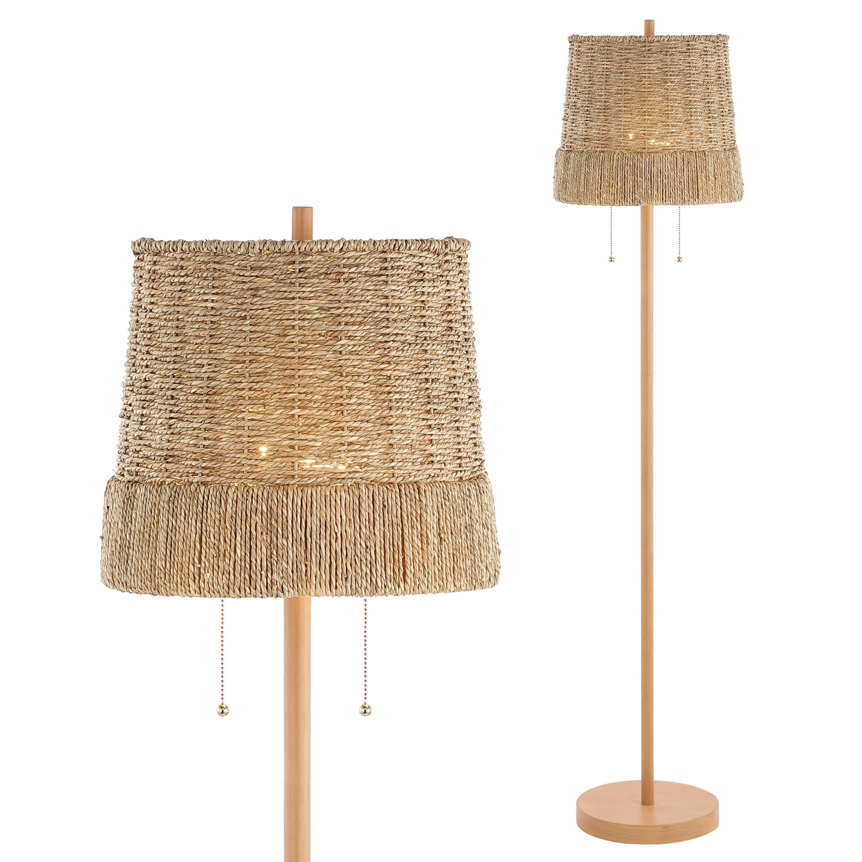 JONATHAN Y do 61" 2-Light Coastal Bohemian Iron/Rattan LED Floor Lamp with Pull-Chain, Brown Wood Finish