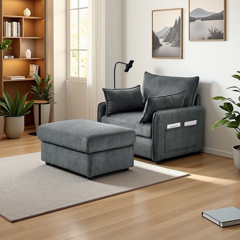 Corduroy Lounge Chaise with Ottoman, USB Charging and Hidden Storage - Gray