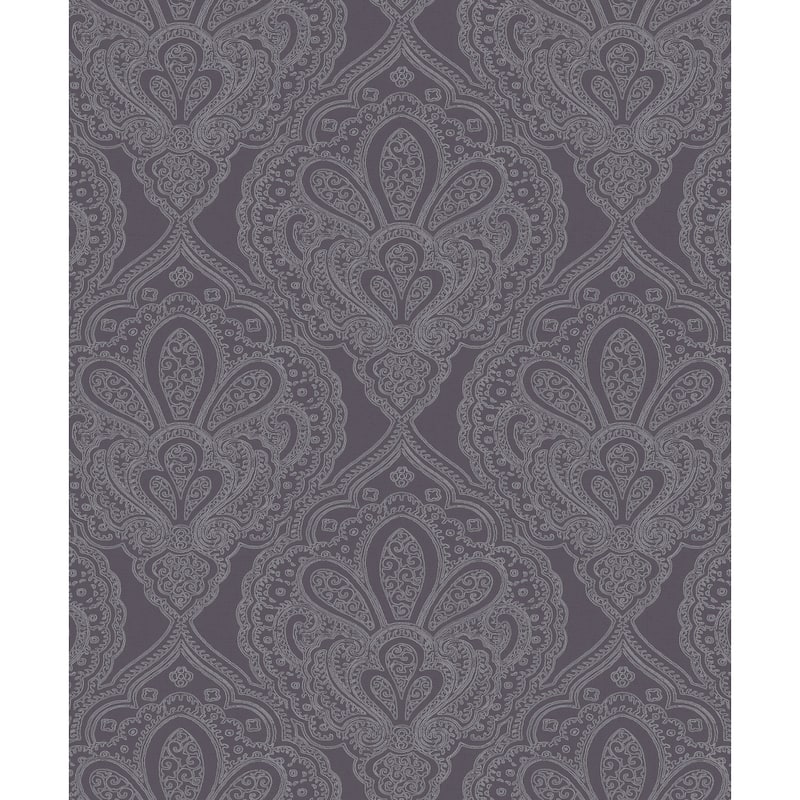 Galerie Wallcoverings Emporium 3D Embossed Mehndi Damask Non-woven Metallic Wallpaper Roll - 33 feet x 21 inches - Purple