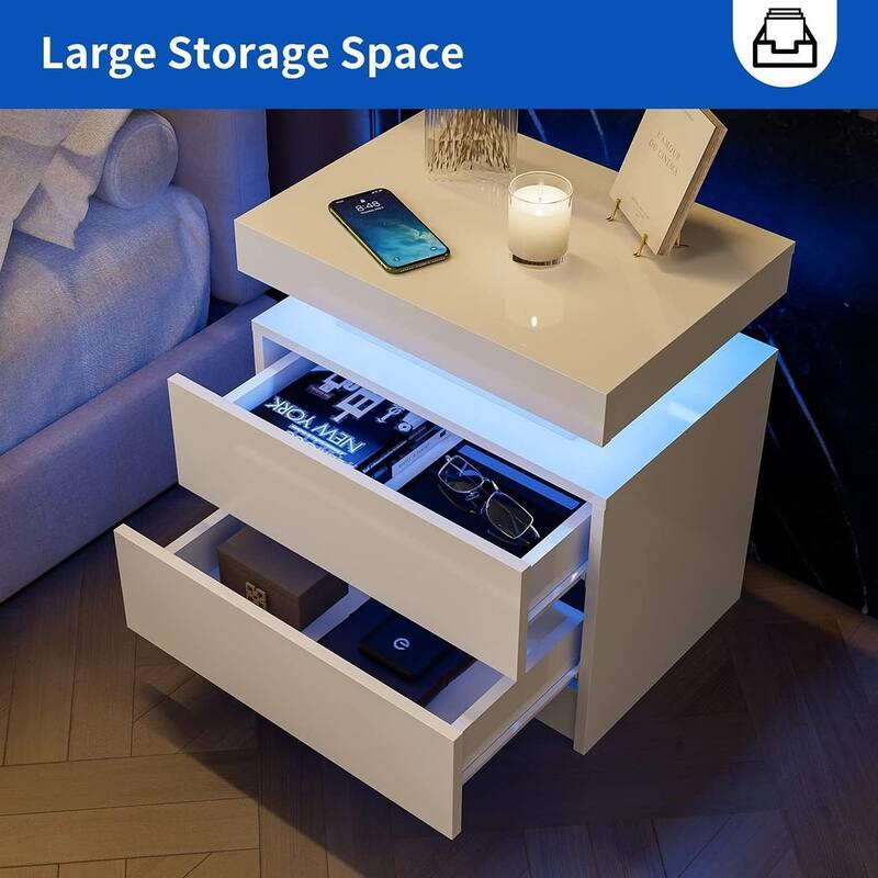 19.3" Modern 2 Drawers LED Nightstand with Adjustable Lights