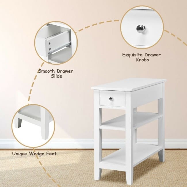 3-Tier Nightstand Bedside Table Sofa Side with Double Shelves Drawer-White - 24" x 12" x 24.5" (L x W xH)