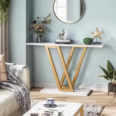 Multipurpose Living Room Console Table with Faux White Marble Top and Gold Metal Frame - 43.31''W x 11.81”D x 31.5”H