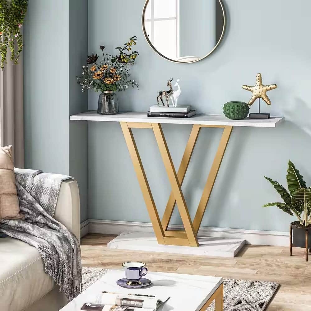 Multipurpose Living Room Console Table with Faux White Marble Top and Gold Metal Frame - 43.31''W x 11.81”D x 31.5”H