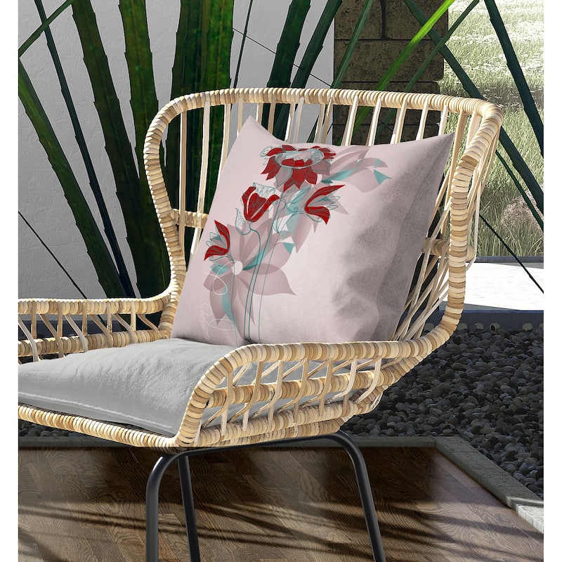 Flowers Line Art Indoor/Outdoor Reversible Throw Pillow Pink and Red