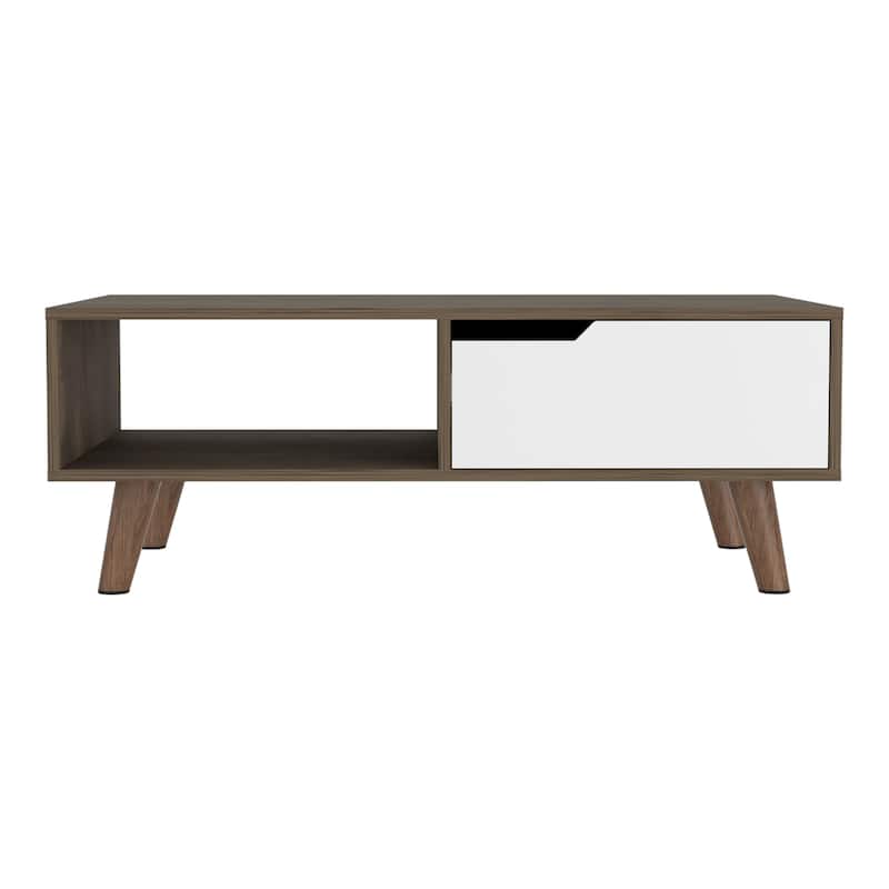 Coffee Table, One Drawer, Four Legs, Dark Brown / White Finish