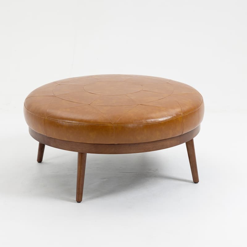 Krista 36-inch Round PU Leather Ottoman with Wood Framing - Tan