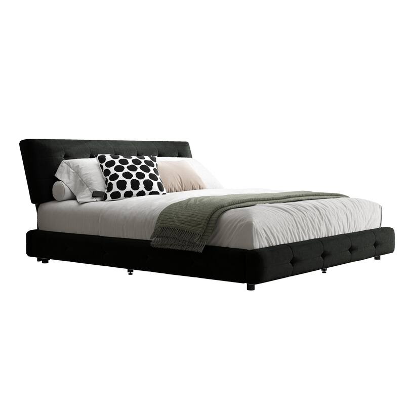 King Size Bed Frame w/ Extra-Large Ultra-Soft Cloud Pillow Design w/ Metal & Wooden Slats Double Support - Black