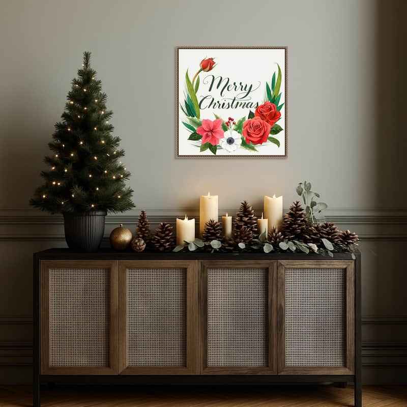 Christmas Flora Wreath I by Grace Popp (22 x 22 in.), Framed Canvas Wall Art Print - Sylvie Beaded Dark Gold