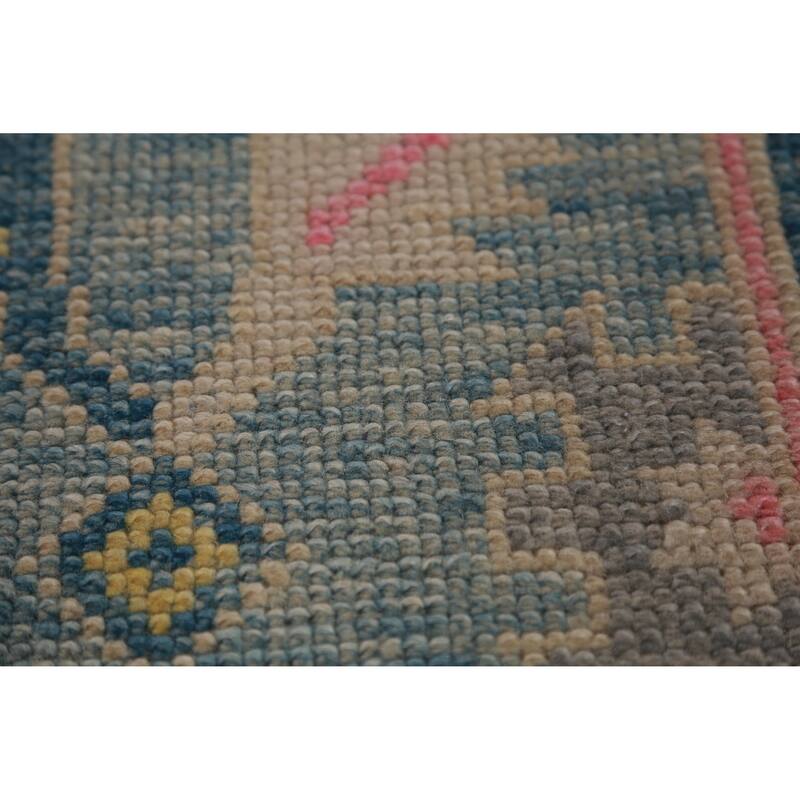 Hand Knotted Oriental 100% Wool Carpet Transitional Floral Navy Blue & Blues Oushak Runner Rug - 16' 7'' X 3' 6''