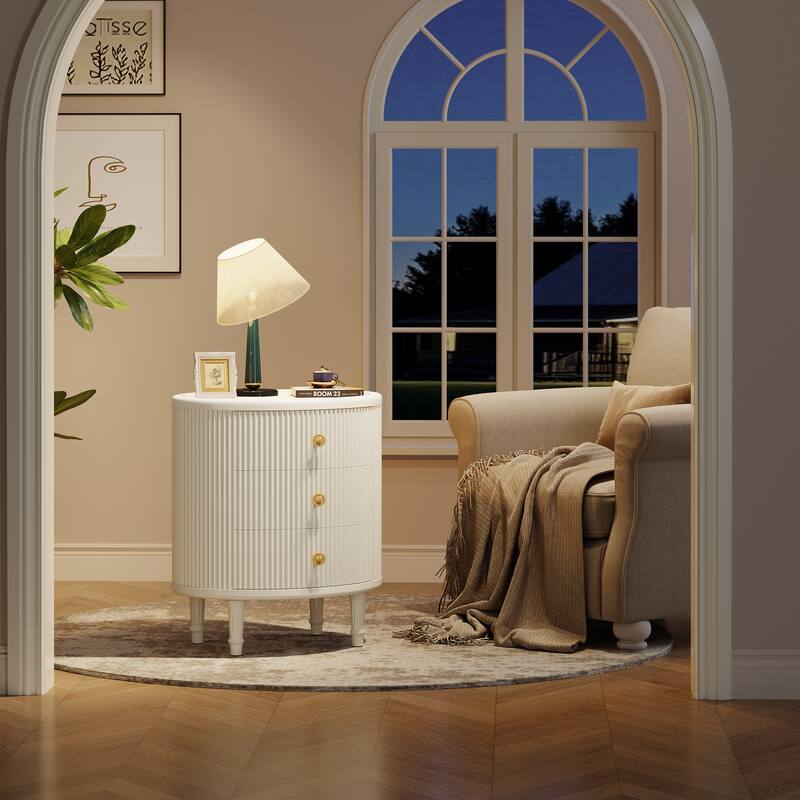 Side Table with 3 Drawers, No Assembly Required Oval End Table with Storage, White