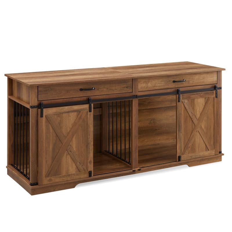 Wood Barn Door Large Dog Crate Furniture With 2 Drawers and Divider