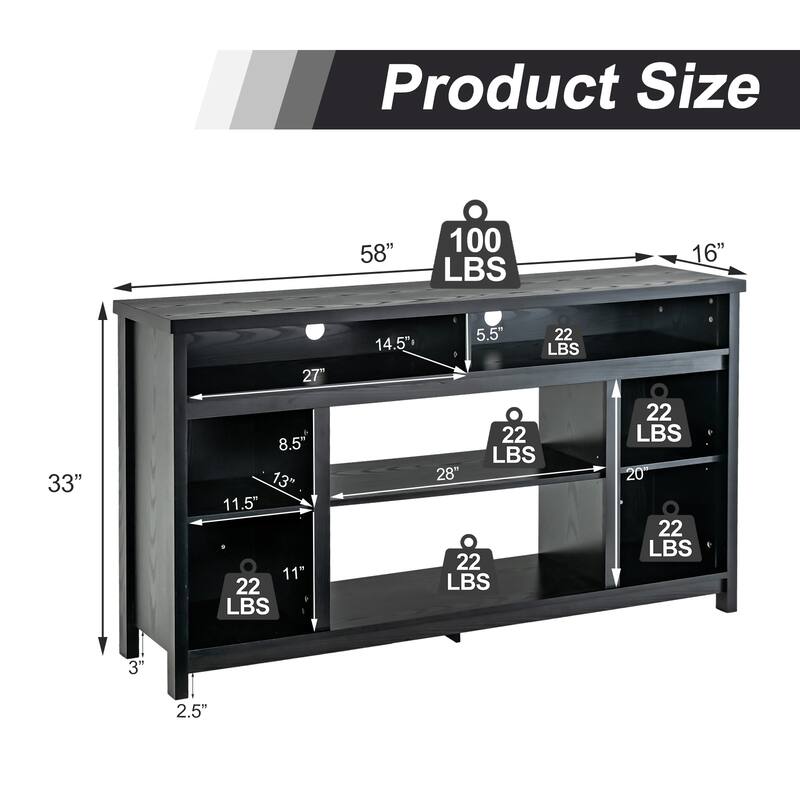 58 Inch TV Stand Entertainment Console Center with Adjustable Open Shelves - 58" x 16" x 33"