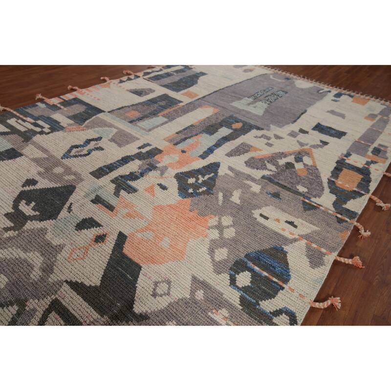 Beige Moroccan Abstract Area Rug Hand-Knotted Wool Carpet - 8'0"x 12'4"