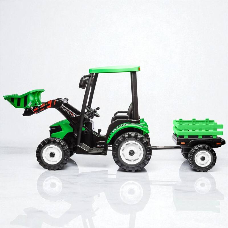 24V Kids Ride On Tractor with Remote Control, Electric Pedal Car with Trailer, Working Loader & Backhoe Digger