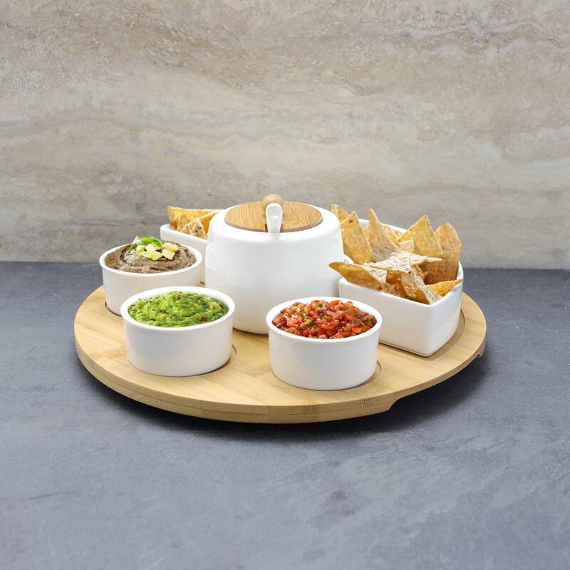 Stoneware and Bamboo Multi-Purpose Appetizer Serving Tray 8 Piece Set