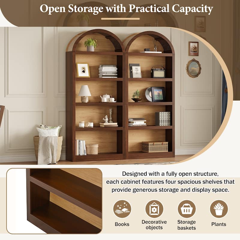 Freestanding Tall Bookshelves Set of 2, Farmhouse Two-Tone Open Storage Cabinet with Fabric Arched Top, 5-Tier Display Bookcase