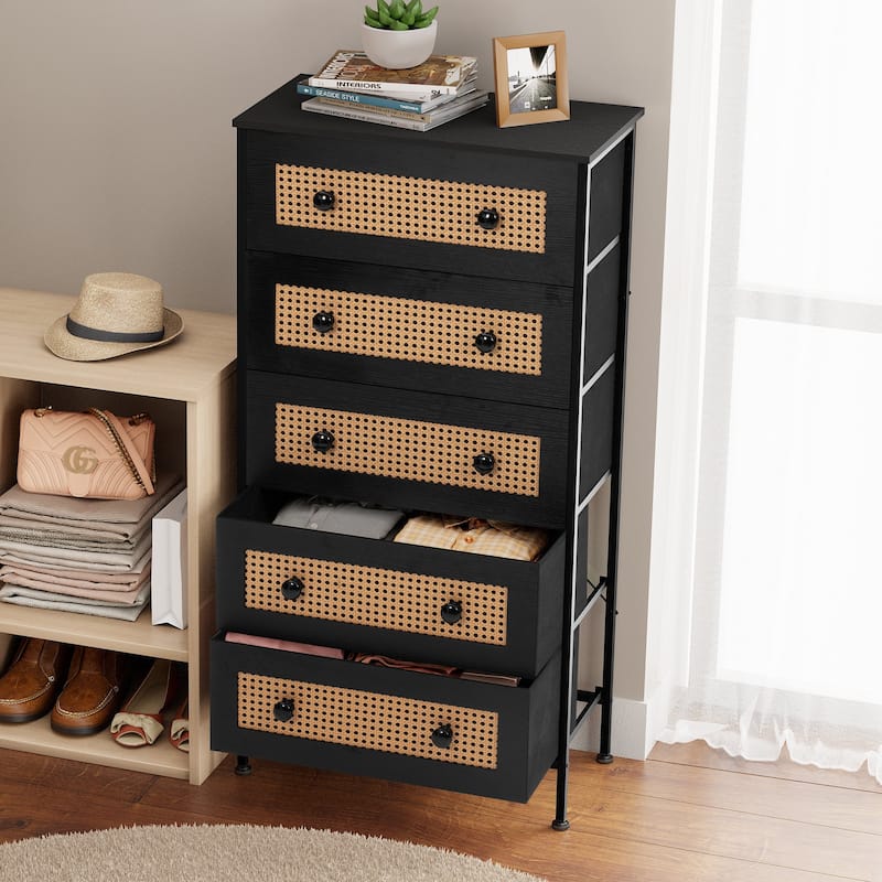 Crestlive Dresser Closet PE Wicker Rattan Storage Tower Organizer Chest of 5 Drawers