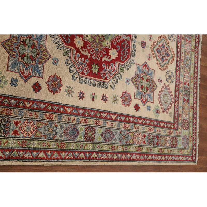 Geometric Beige Kazak Area Rug Handmade Wool Carpet - 5'1" x 6'4"
