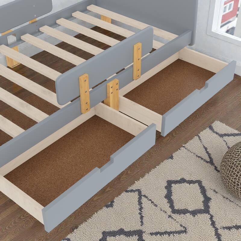 Twin/Full Wood Platform Bed with Storage Drawers, Guardrail, Shelf & Hooks, Solid Wood Frame, No Box Spring Needed