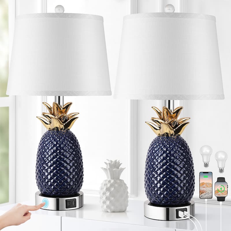 22" Pineapple Table Lamps Set of 2, 3 way Dimmable Ceramic Table Lamp, Modern Table Lamp with USB Port,Bulbs Included, 9W