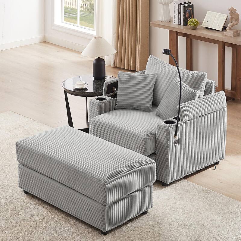 Modern Single Sofa with Movable Ottoman, Hidden Storage, USB Ports, Cup Holders and Phone Holder for Living Room