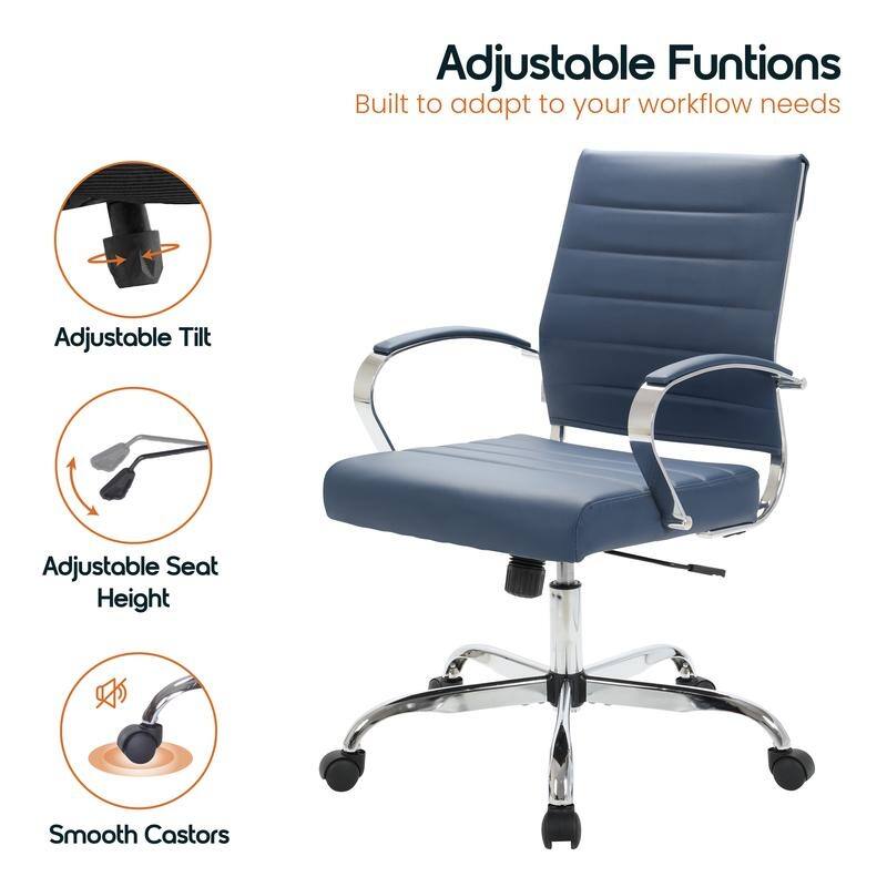 Benmar Modern Leather Ribbed Executive Office Chair with Chrome Frame, Adjustable Height, 360° Swivel, and Rolling Casters