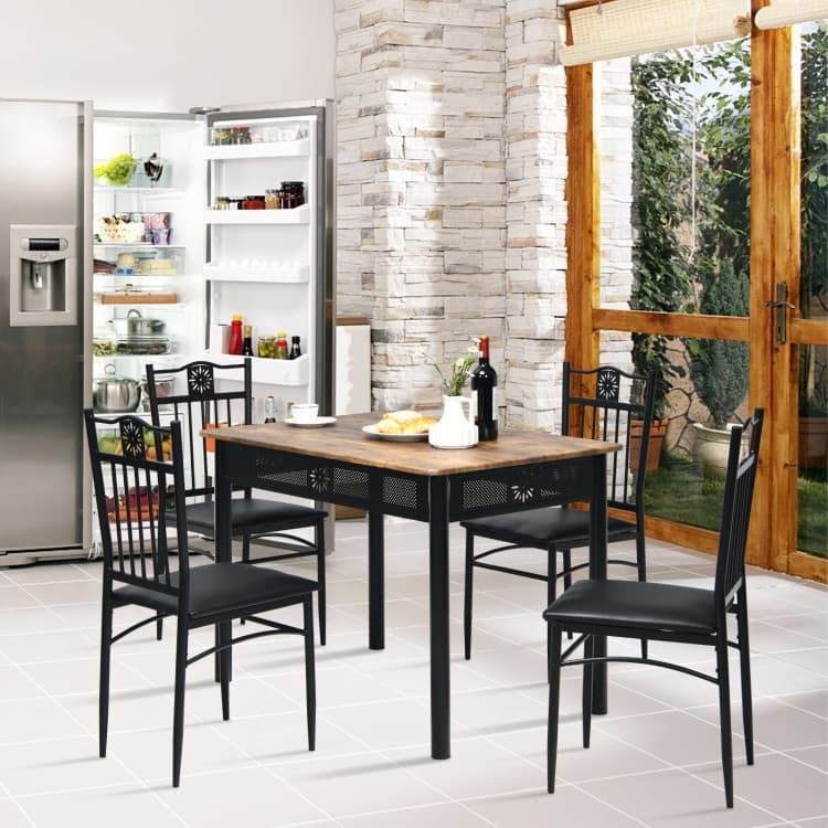 5 pcs Dining Set Wood Metal Table and 4 Chairs with Cushions