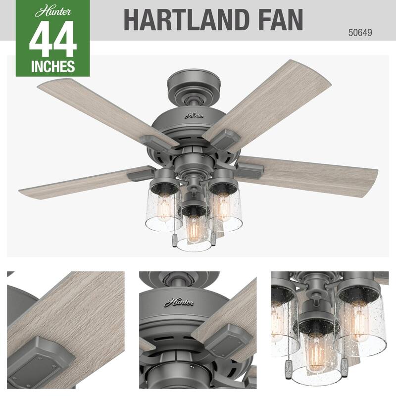 Hunter 44" Hartland Ceiling Fan with LED Light and Pull Chains - Farmhouse, Transitional