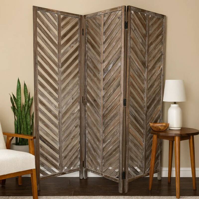 3 Panel Foldable Wooden Screen with Herringbone Pattern, Brown