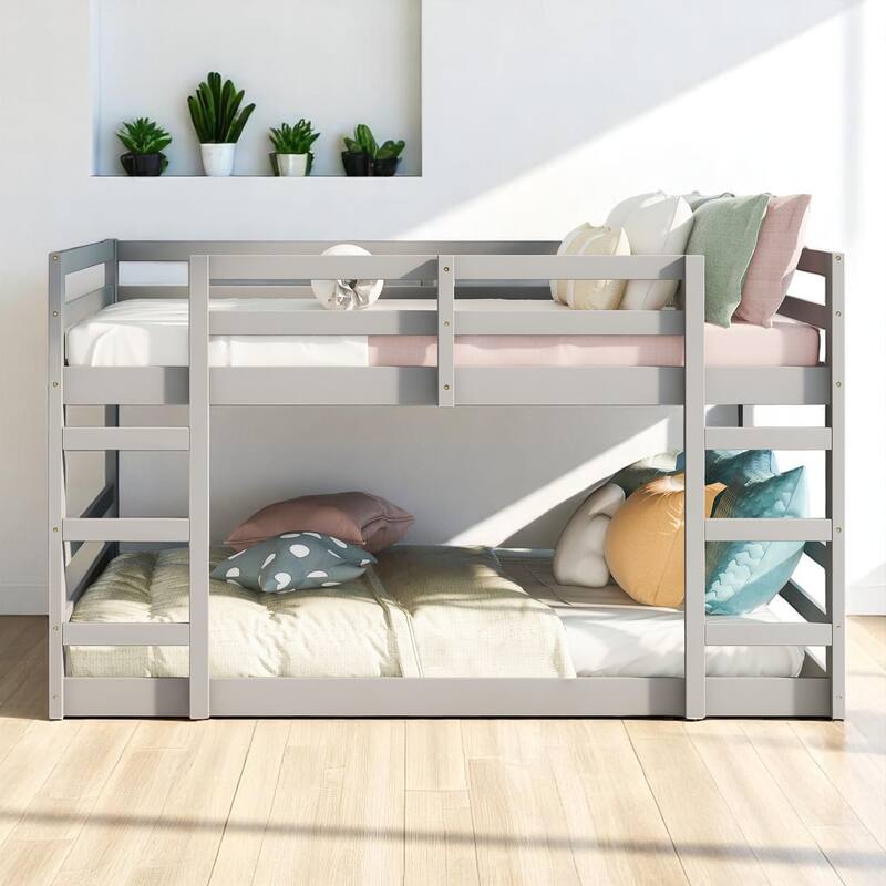 Full Over Full Bunk Bed with Ladder and Guardrails, Solid Wood Frame, No Box Spring Required - Grey