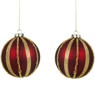 Set of 2 Burgundy and Gold Striped Beaded Christmas Glass Ball ...