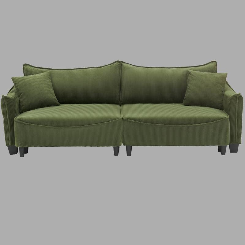 Transformable Corduroy Sofa Bed with 2 Throw Pillows - Comfortable 3-Seat Design for Living Rooms - Green