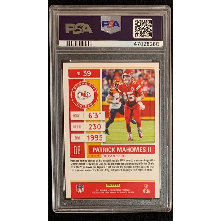 Patrick Mahomes 2019 Panini Contenders Football Card #39 Graded PSA 10 - 8'6" x 11'6"