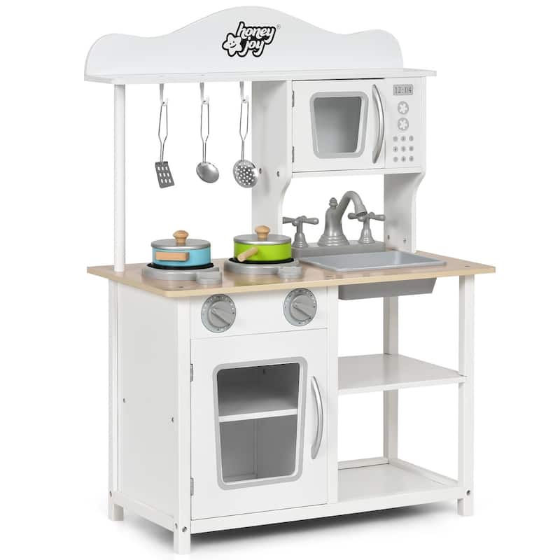 Wooden Pretend Play Kitchen Set for Kids with Accessories and Sink - 23.5" x 12" x 32.5" (L x W x H) - White