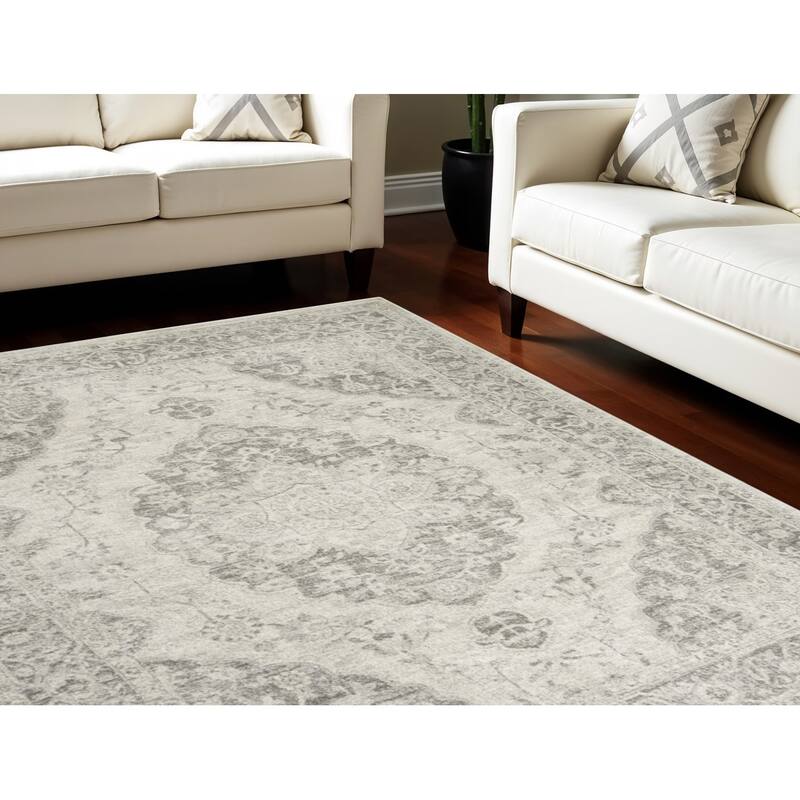 HomeRootsFloral Medallion Transitional Rectangle Area Rug - 120' X '96' X '0.5 - 120' X '96' X '0.5 - Ivory/Gray