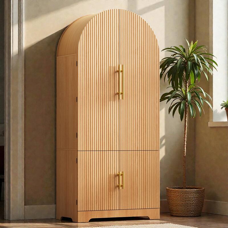 72" Tall Arched Pantry Cabinet with Fluted Doors, 8 Door Shelves, Hidden Drawer and Adjustable Shelves for Kitchen - Natural