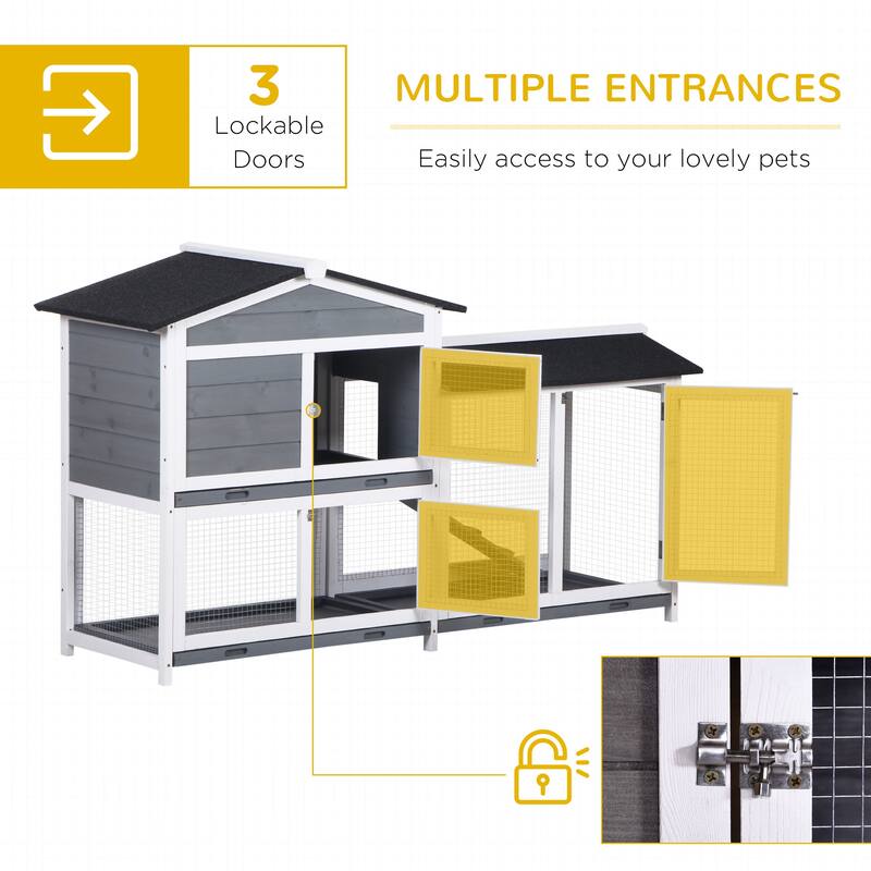 Grey-White Large Wooden Bunny Hutch with Ramp Run Box and Black Weather-Resistant Roof - 62" L x 20.75" W x 36.75" H