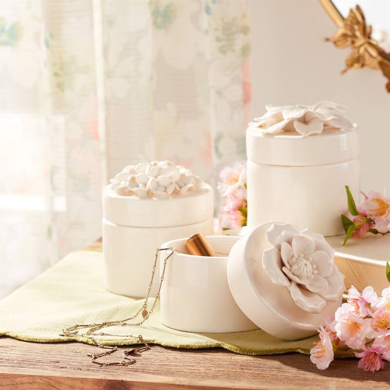 Stoneware Box with Floral Lid Accent (Set of 3) - N/A