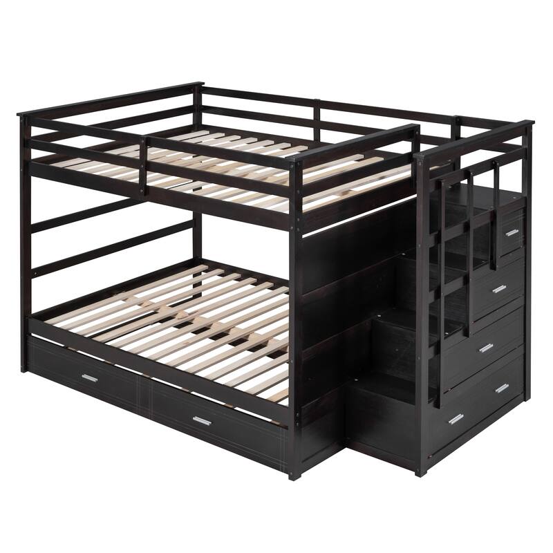 Full Over Full Bunk Bed with Storage Drawers and Multifunctional Staircase