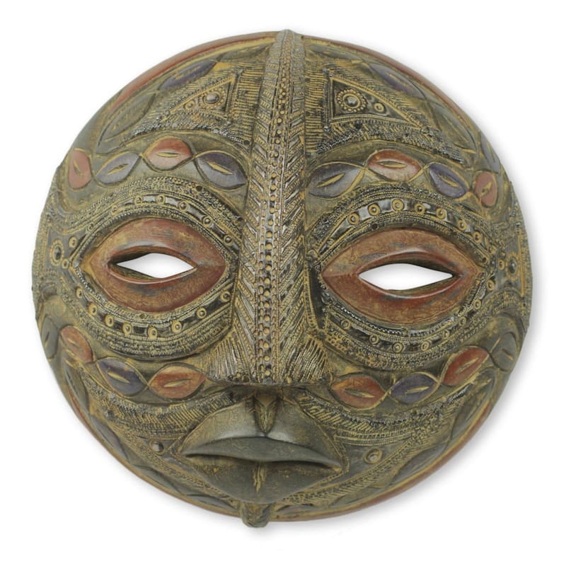 Handmade Overcomer African Wood Mask (Ghana) - 12" H x 12.25" W x 5.5" D